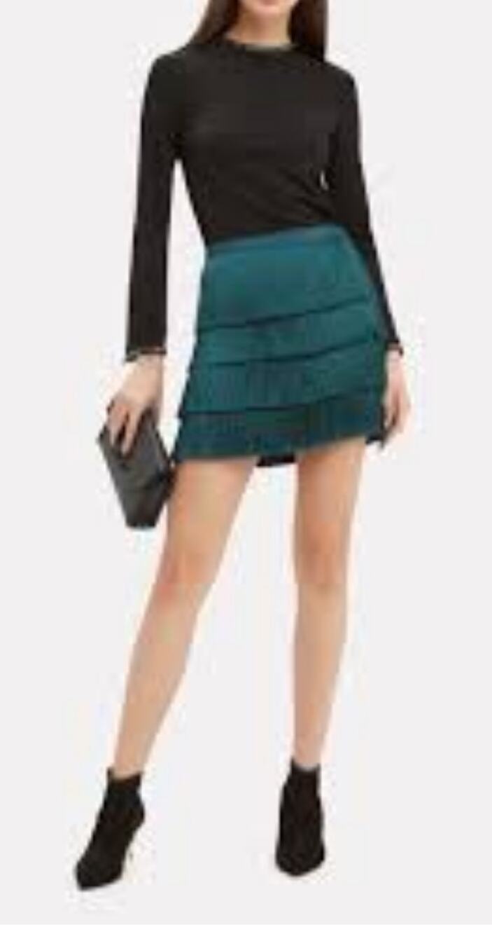 Intermix Raine teal Fringe mini skirt blue grass flapper teal size 6 night club